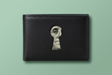 Benjamin Franklin eye peeking through keyhole in leather wallet, symbolic collage on green background representing money, secrecy, financial control, surveillance, privacy, and hidden wealth