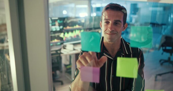 Thinking, board and businessman with research in office for magazine editorial article. Brainstorming, planning and male copywriter with mind map on glass wall for problem solving in workplace.