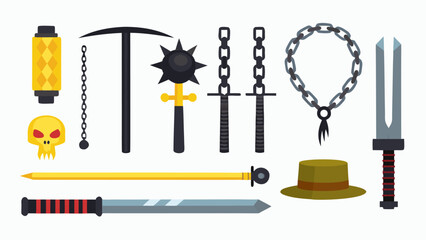 A collection of various medieval weapons and accessories including swords flails and a skull lantern silhouette