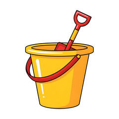 A cartoon illustration of a yellow sand bucket with a red handle and a small red shovel inside, isolated on a white background.