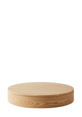 Empty, pristine, round wooden product display podium, natural light brown wood grain, polished edges, against a seamless transparent background with copy space. Minimalist product display concept
