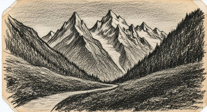 Pencil drawing of a mountain range, capturing the rugged beauty of nature with detailed shading and a sense of depth, scenic landscape