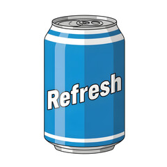 Illustration of a blue soda can with the word "Refresh" printed on the front, ready to drink.