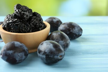 Dried prunes in bowl and fresh plums on light blue wooden table, closeup. Space for text