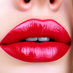 Obraz premium Close up of mouth of woman wearing red lipstick Close up of mouth of woman wearing red lipstick Close up of mouth of woman wearing red lipstick