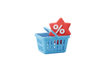 Blue shopping basket with percentage sign isolated on transparent background