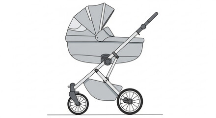 A gray baby stroller with a hood and basket, , perfect for transporting your little one in style and comfort