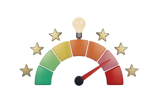 Gauge with lightbulb and stars isolated on transparent background