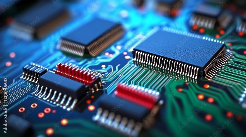 Poster illuminated circuit board vibrant microchips and components in a high-tech electronic design