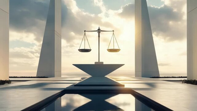 A modern, sunlit plaza with scales of justice on a pedestal between towering pillars and a reflective pool.