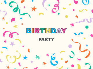 Birthday celebration illustration. Confetti explosion frame. Party event background. Cute playful baby child invitation template. Flat design
