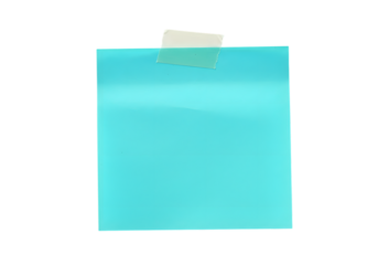 Blank blue sticky note taped to a transparent background for reminders and messages