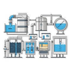 Detailed vector illustration of an industrial water purification and filtration system, showing various stages of the treatment process.