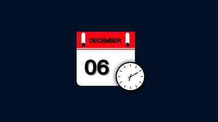 December month 6 date calendar icon  animation with clock  on transparent background. Calendar icon December 6 HD animation. December month 6 calendar date black screen.