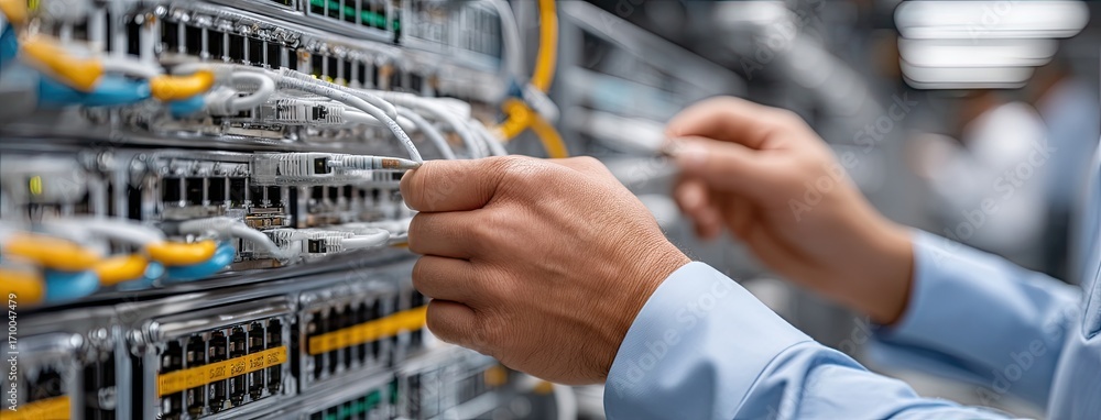 Poster technician working on network cables in a data center during the day to ensure optimal connectivity 