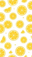 A vibrant and playful pattern featuring numerous yellow lemon slices and whole lemon cross-sections scattered across a white background.