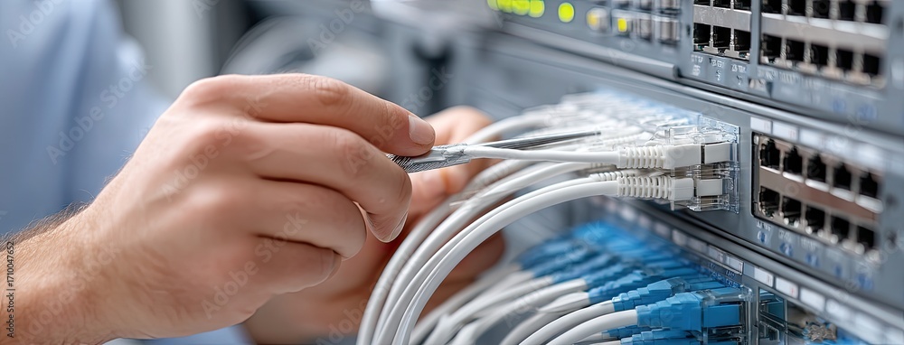Poster technician connecting network cables in a server room during a routine maintenance check to ensure c