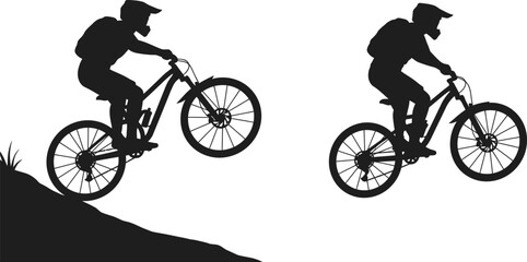 Obraz premium Silhouettes of mountain bikers performing jumps against a bright background
