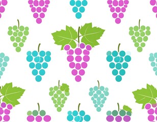 Colorful stylized grape bunches pattern, seamless design, vibrant fruit, white background.