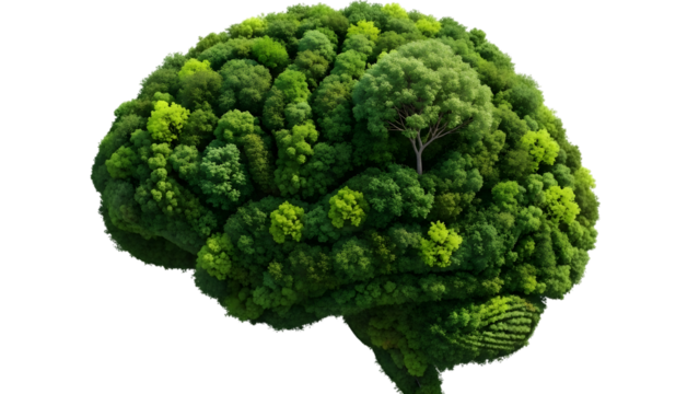 Brain shaped forest isolated on transparent background represents nature and intelligence - Powered by Adobe