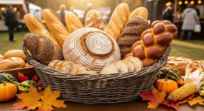 A wicker basket overflowing with assorted handcraft breads and pastries, surrounded by