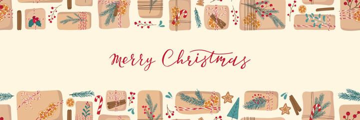 Christmas gift in eco packaging Background. Horizontal Festive border frame. Cute Natural decoration. Homemade present. Holiday banner header card