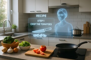 Kitchen with holographic AI projecting recipes, concept of artificial intelligence in cooking.