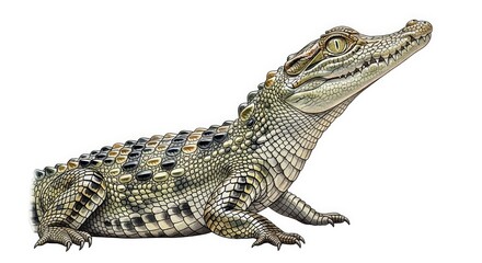 Naklejka premium Baby crocodile with textured skin and sharp teeth looks up with an alert expression on a white background