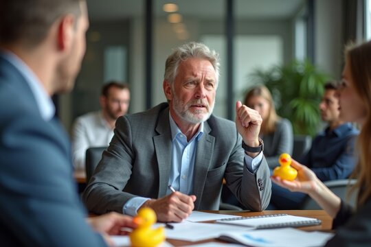 Frustrated Businessman with Rubber Duck and Stress Ball at Conference Table