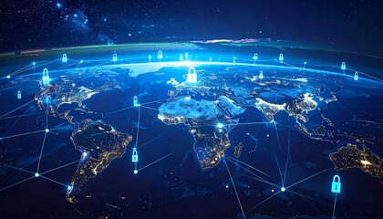 Digital world map with a glowing network of secure connections representing global data protection and internet safety