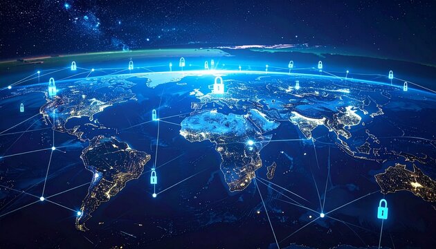 Digital world map with a glowing network of secure connections representing global data protection and internet safety