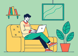 Man working on laptop on a comfortable couch in a modern living room  illustration