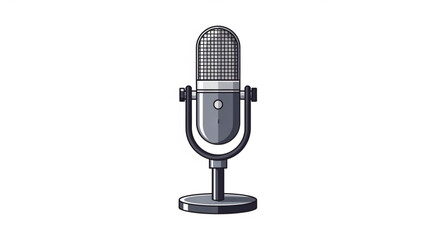 Illustration of a classic microphone with a metal body and a mesh grille, used for recording audio and broadcasting on a