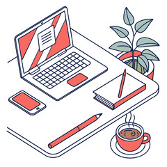 Modern isometric desk setup with laptop phone notebook and coffee