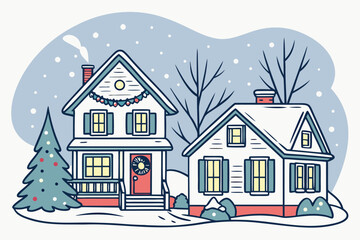 illustration of a cozy snow covered houses decorated for christmas and winter holidays 