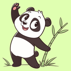 Cute cartoon panda waving hello next to bamboo illustration