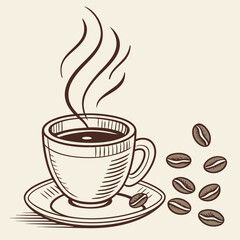 Steaming cup of coffee with beans illustration