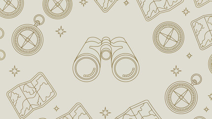 A pattern with binoculars compasses maps and stars in a simple line drawing style on a light background