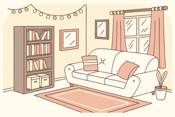 Cozy living room scene with sofa bookshelf and string lights vector illustration