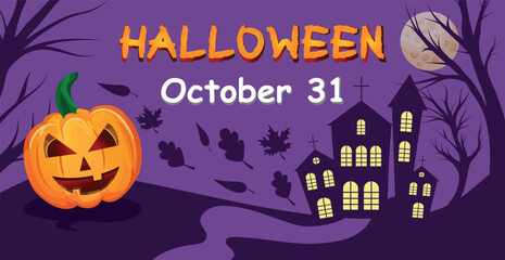 Scary gloomy night abandoned cemetery on the background of the castle - illustration