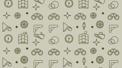 Seamless pattern featuring various camping and adventure themed outline icons on a light background