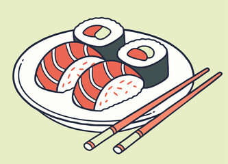 Stylized illustration of sushi and chopsticks on a plate