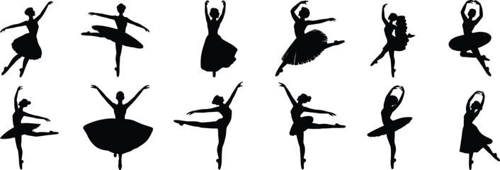 Ballet dancer silhouette illustrations, classical dance poses, black and white clipart, expressive movement, elegant posture, performance bundle set, vector pack © Creative Artist