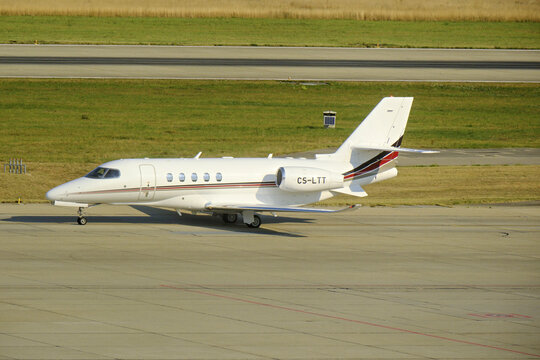 Geneva, Switzerland - august 26, 2025: sign and logo on an Cessna Citation Latitude of NetJets on the runway at Geneva airport