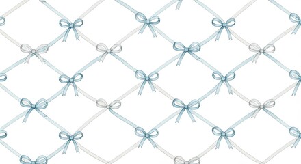Delicate seamless pattern of light blue and silver bows on a white background creating a diamond lattice effect