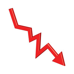 Red 3d glossy arrow going down stock icon on white background. Bankruptcy, financial market crash icon for your web site design, logo, app, UI. graph chart downtrend symbol.chart going down sign.