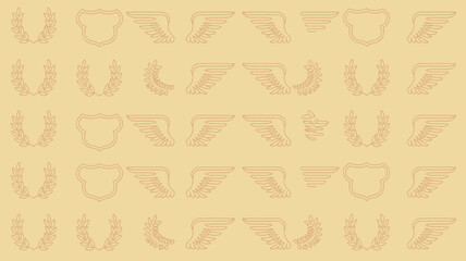 A repeating pattern of laurel wreaths shields and winged designs on a light yellow background surface texture