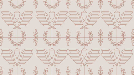 Repeating pattern with stylized wings and laurel wreaths on a light beige background in a tile format