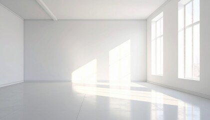 Fototapeta premium A bright, sunlit empty room with large windows, showcasing a minimalist design and clean lines.