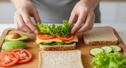 hands making fresh healthy vegetable sandwich on wooden board